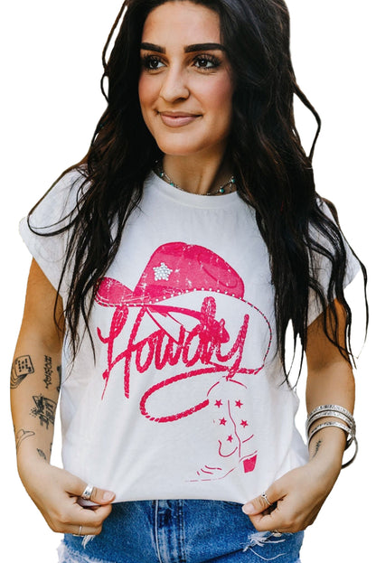 White rhinestone Howdy graphic tee with Western-inspired design, unisex streetwear style – TeenStylo