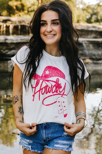 White rhinestone Howdy graphic tee styled in a Y2K streetwear look, unisex fashion at TeenStylo