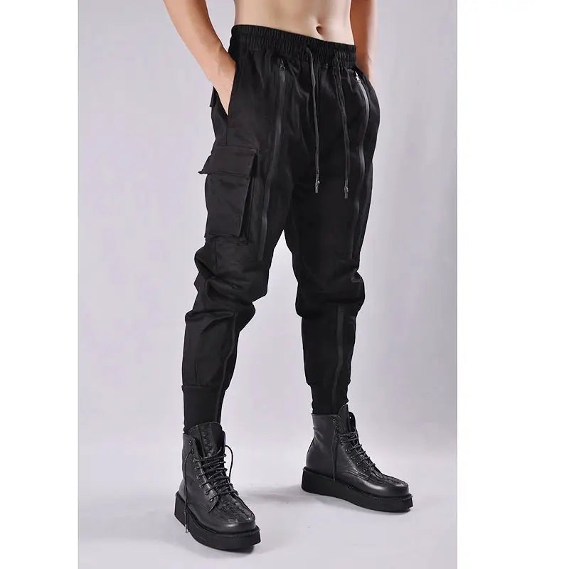 Men's Tactical Cargo Joggers Black Elastic Waist Zipper Design Techwear Streetwear | TeenStylo - TeenStylo