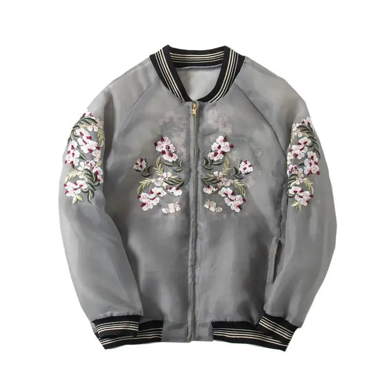 Women's Floral Embroidery Organza Everyday Wear Lightweight Casual Bomber Jacket | TeenStylo - TeenStylo