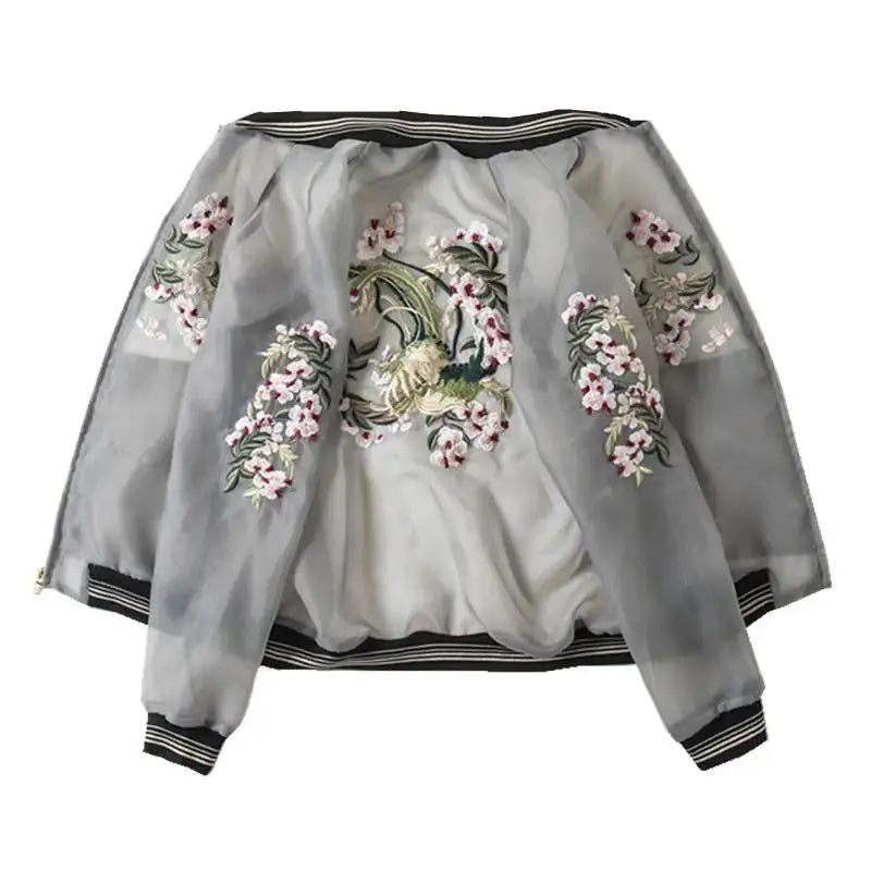 Women's Floral Embroidery Organza Everyday Wear Lightweight Casual Bomber Jacket | TeenStylo - TeenStylo