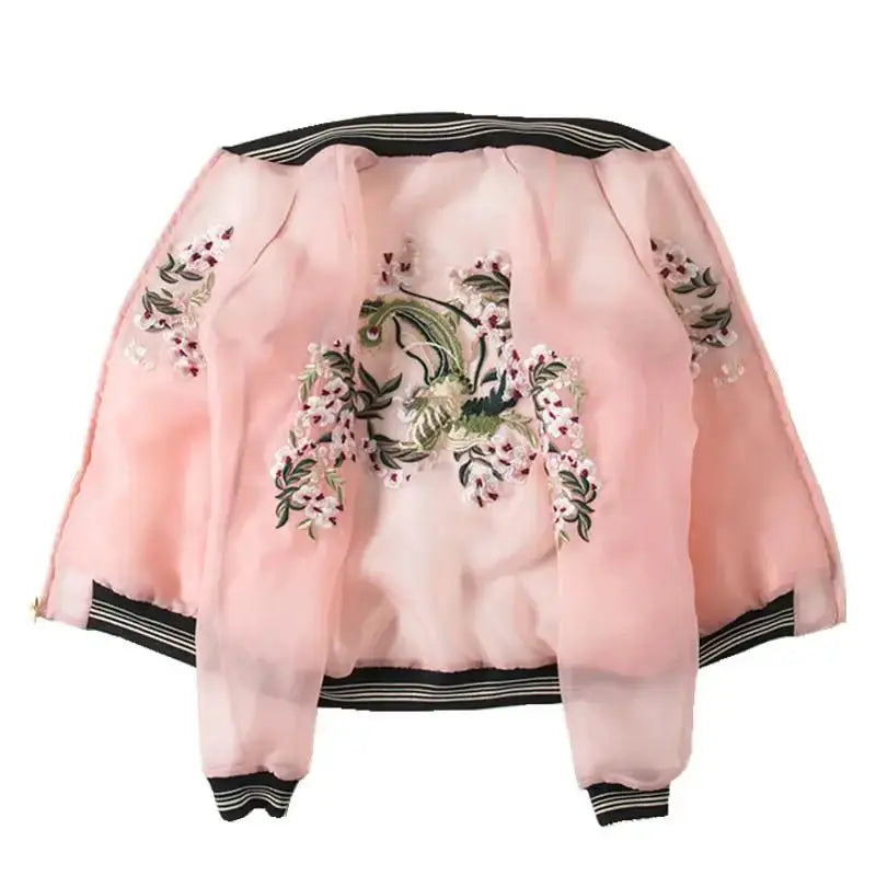 Women's Floral Embroidery Organza Everyday Wear Lightweight Casual Bomber Jacket | TeenStylo - TeenStylo